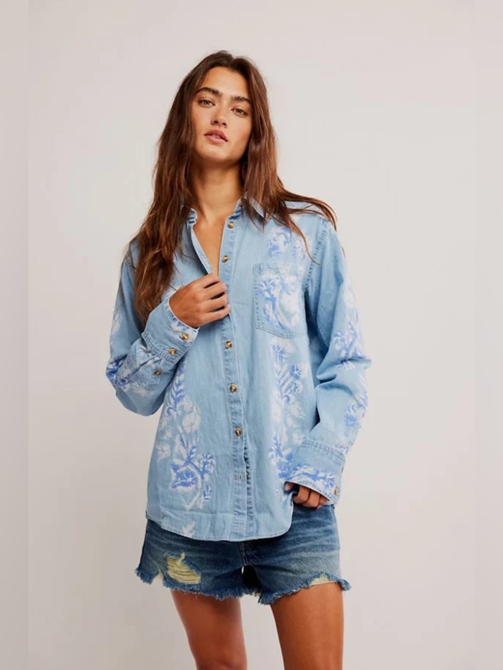 Free People Airbrushed Blossom Denim Shirt NWOT